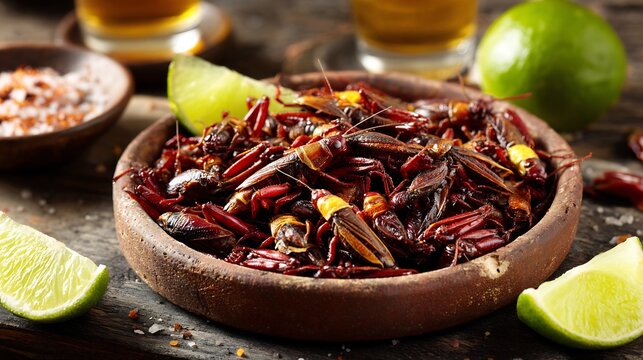 Authentic Mexican toasted chapulines served with fresh lime wedges and seasoning, presented in a rustic clay bowl on a wooden table, captured with cinematic lighting and vibrant colors.