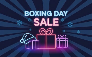 Neon sign advertising a boxing day sale with gift boxes and a hat
