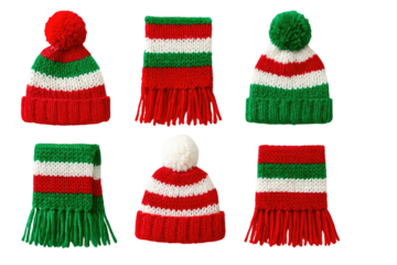Set of colorful knitted Christmas hats and matching striped winter scarves with festive red green and white patterns isolated on white background