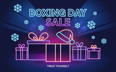 Neon style boxing day sale promotion with gift boxes and snowflakes