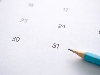 Close-up of a blue pencil, focus on the 31st. Deadline management, appointments, planning, reminders, time organization, month-end strategy. Ideal for urgent scheduling and writing concepts.