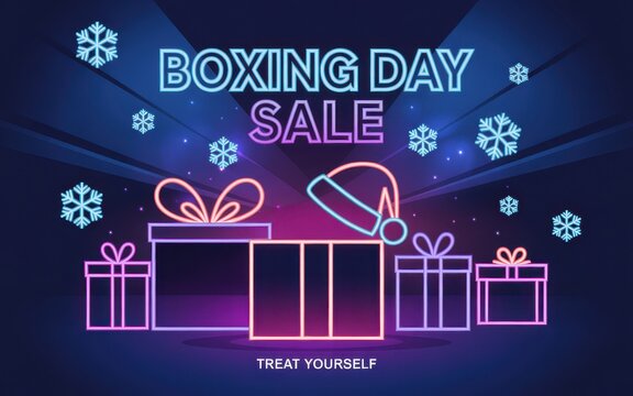 Neon style boxing day sale promotion with gift boxes and snowflakes