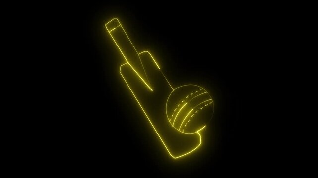 Glowing neon cricket bat and ball icon with animated on black background.