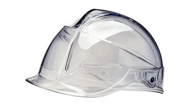 Clear safety helmet with visor on a black background providing head protection in various environments