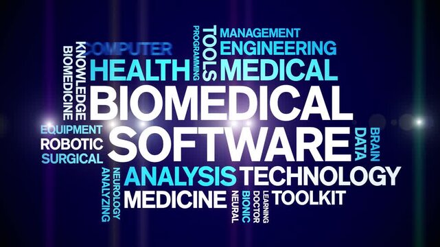 Biomedical software animated word cloud-text design animation tag kinetic typography seamless loop.