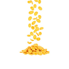 Crispy corn flakes falling into a pile on black background