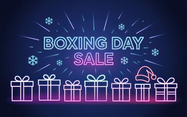 Naklejka premium Neon sign advertising a boxing day sale with gift boxes and snowflakes