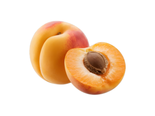 Fresh ripe apricot whole and halved with pit on black background