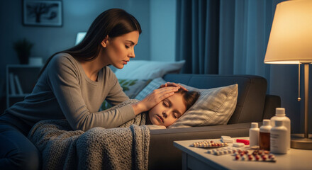 Comforting Touch: A mother's gentle hand rests on her child's forehead, offering solace during illness, with medication in sight. A scene filled with compassion and care.