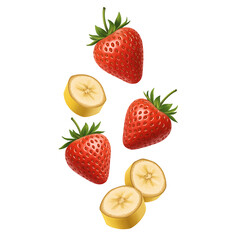Fresh strawberries and banana slices floating in the air illustration