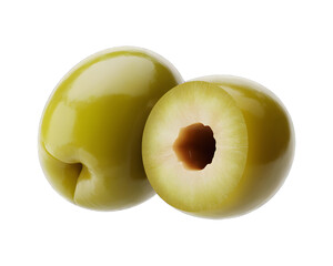 Green olives whole and halved with pit isolated on black background