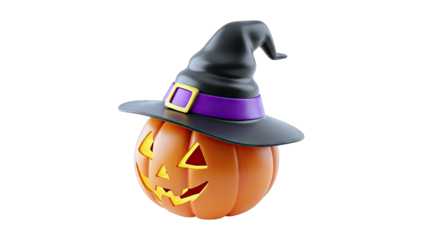 Orange Jack O Lantern Pumpkin Wearing Black Witch Hat With Purple Band And Yellow Buckle On Transparent Background Halloween Decoration
