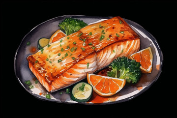 Grilled Salmon Fillet with Vegetables Illustration Broccoli, Zucchini and Orange Slices, Watercolor Food Art on Black isolated, Background