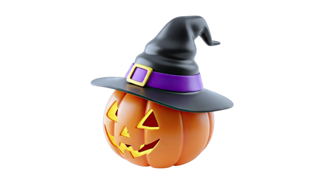 Orange Jack O Lantern Pumpkin Wearing Black Witch Hat With Purple Band And Yellow Buckle On Transparent Background Halloween Decoration - Powered by Adobe