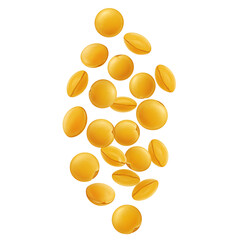 Falling yellow lentils against a solid black background for food concept