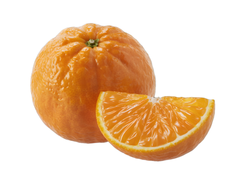 Whole and sliced fresh orange fruit isolated on black background