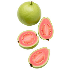 Fresh ripe guava fruit composition with halves on black background