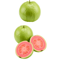 Fresh whole and halved guavas on a stark black background studio shot