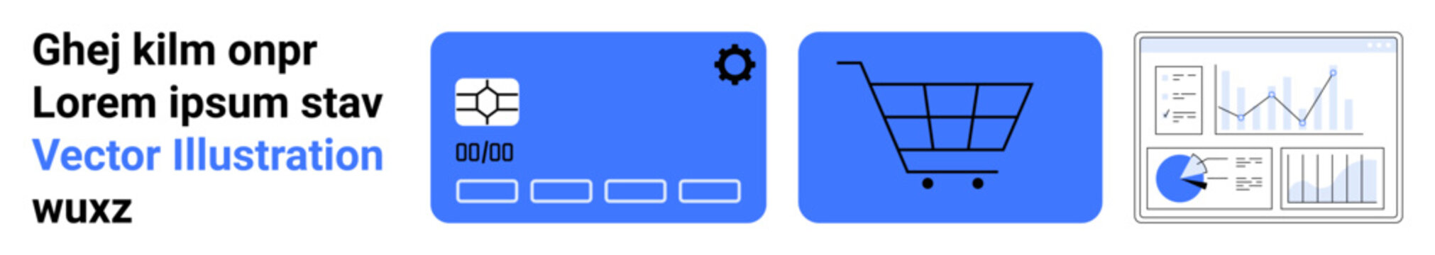 Credit card with settings gear, shopping cart symbol, and analytics dashboard with charts. Ideal for e-commerce, digital payments, online shopping, financial services, business analytics, data