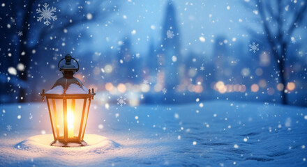 A lantern glowing in the snow on a winter evening with falling snowflakes against a backdrop of old town houses and streets, with space for text and greetings.