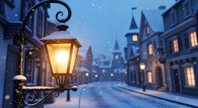 A snow-covered street with pointed towers and retro houses, with vintage lanterns illuminated at night, with space for text and greetings.  - Powered by Adobe