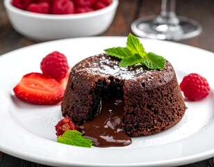 Decadent chocolate lava cake, berries, and mint on white plate