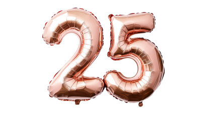 A vibrant. metallic rose gold balloon display featuring the number 25. symbolizing a milestone birthday celebration. set against a clean white background. ideal for party planning and event decoration