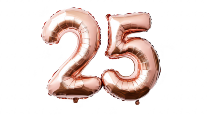 A vibrant. metallic rose gold balloon display featuring the number 25. symbolizing a milestone birthday celebration. set against a clean white background. ideal for party planning and event decoration