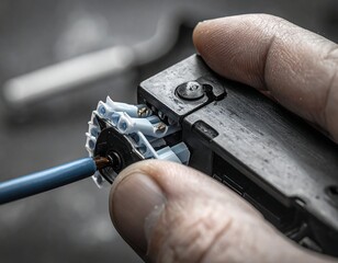 Close-up of a hand fixing electrical components with a wire
