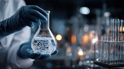 Scientist in a chemical laboratory holds a flask filled with liquid while conducting experiments during a late-night research session
