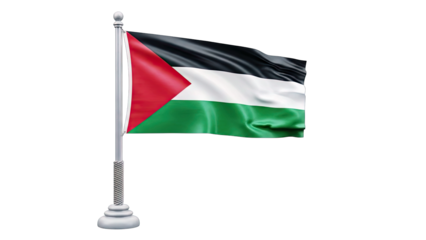 Palestine Flag Waving in Wind on Pole Against Transparent Background Realistic Fabric Texture