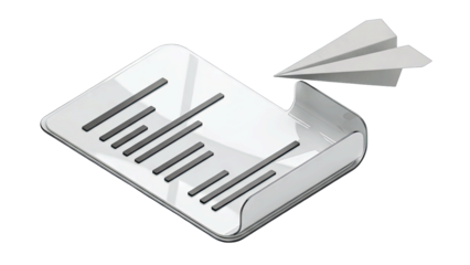 Paper Airplane Flying Out of Document With Transparent Background Clean Minimalist Business Concept Representing Sending Information Data Transfer Communication or Ideas