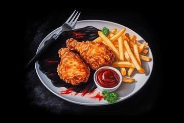 grilled chicken breast with vegetables and french fries and ketchup on plate, black isolated background