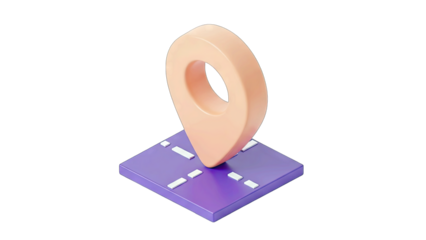 Peach Colored 3D Map Pin Icon Centered on a Purple Isometric Road Surface with White Markings Isolated on a Clean White Background.