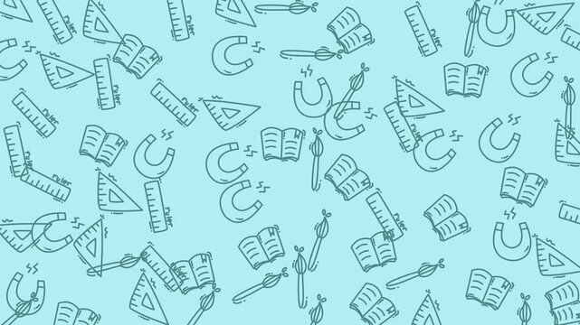 Back to school supplies in animated seamless looping pattern ideal for educational materials, stationery products, digital backgrounds, wallpaper, screensaver and classroom decor.