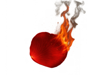 Red rose petal burning intensely, showing vibrant orange flames and smoke. Concept of passionate love, destruction, or strong desires