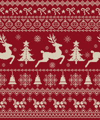 Knited sweater Pixel art Christmas seamless pattern vector illustration featuring gold snowflakes and xmas trees for vintage winter holiday decoration design