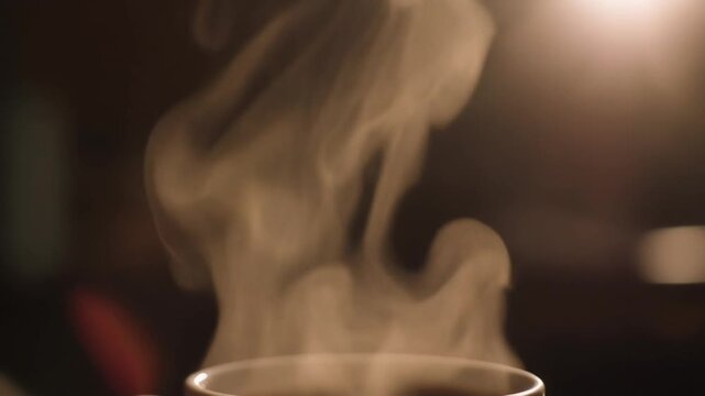 Steaming Beverage in Low Light A Cozy Scene of Warmth and Relaxation