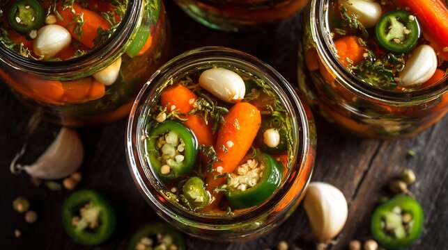 Vibrant Mexican chile en escabeche pickles in glass jars, featuring crisp carrots, spicy jalape&ntilde;os, and aromatic garlic cloves, presented with rustic charm and excellent detail.