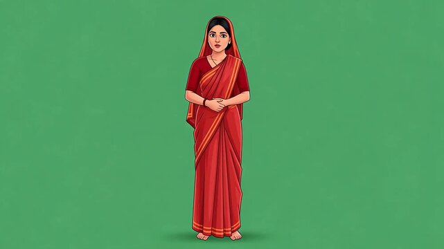 Animated Indian Woman in Traditional Saree on Green Screen, Cultural Character Animation