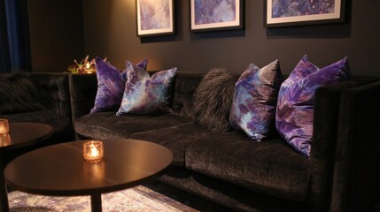 Living room with a dark grey sofa and two round wooden coffee tables in front of it. on the sofa, there are several purple and blue throw pillows with a floral pattern.