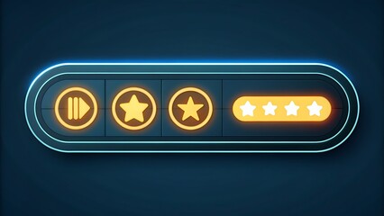 Rate your experience with glowing stars and a play icon on a modern neon interface