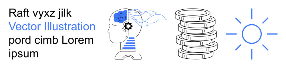 Artificial intelligence, brain network, financial growth, renewable energy, economy, sustainable solutions. Brain with circuits, stacked coins and sun. AI and financial growth concepts
