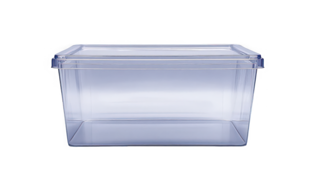 A clear plastic rectangular container with a lid sits against a black background in a studio shot