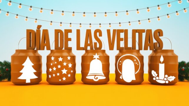 Dia de las velitas celebration graphic with decorated candle jars