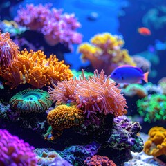 Obraz premium Vibrant coral reef teeming with life. Colorful anemones and fish in a marine environment