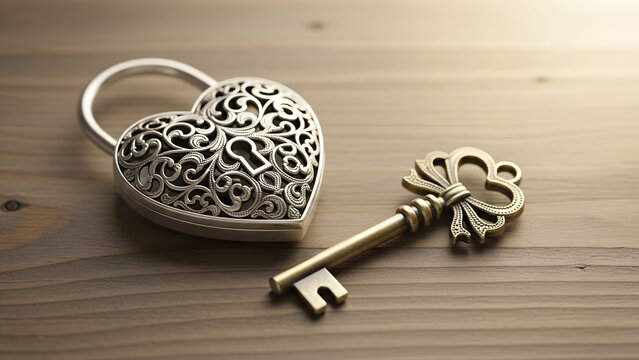 Heart-shaped silver padlock with ornate key on wooden background for Valentine's Day - Powered by Adobe