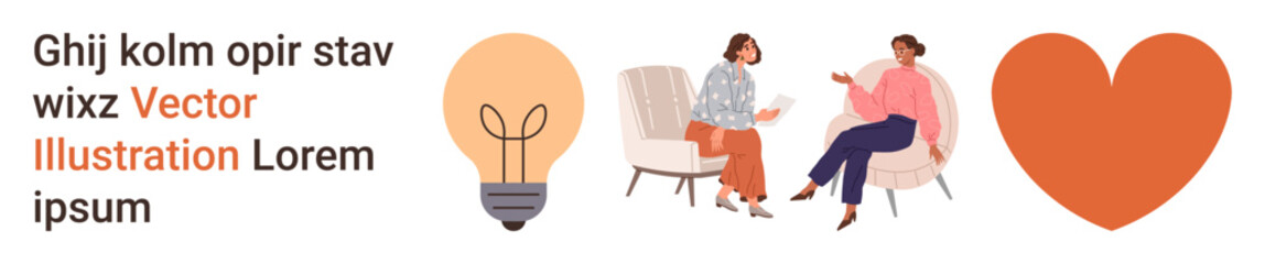 Communication, brainstorming, relationships, emotional connections, ideas, creativity. Two women sitting and talking, with a lightbulb and heart symbol nearby. Communication and brainstorming