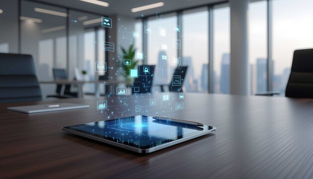 Modern corporate AI-automation desk scene realistic professional lighting and composition