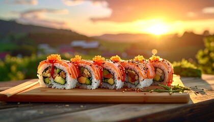 Close-up of sushi rolls on a wooden board at sunset